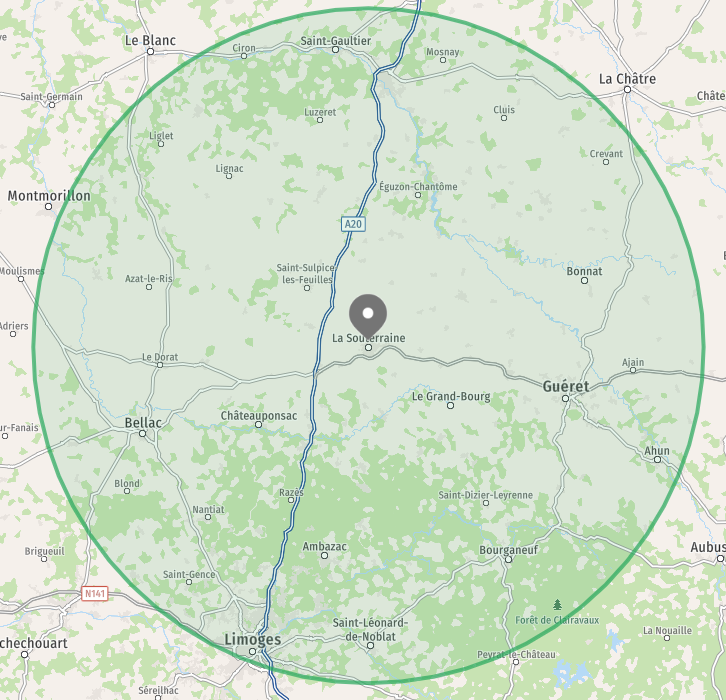 Plan 50km autour de la Souterraine